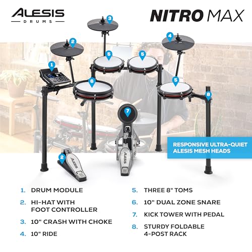 Alesis Nitro Max Kit - Juego de batería eléctrica con almohadillas de malla silenciosas, caja de doble zona de 10 pulgadas, Bluetooth, más de 440 sonidos auténticos, Drumeo, USB MIDI, pedal de patada