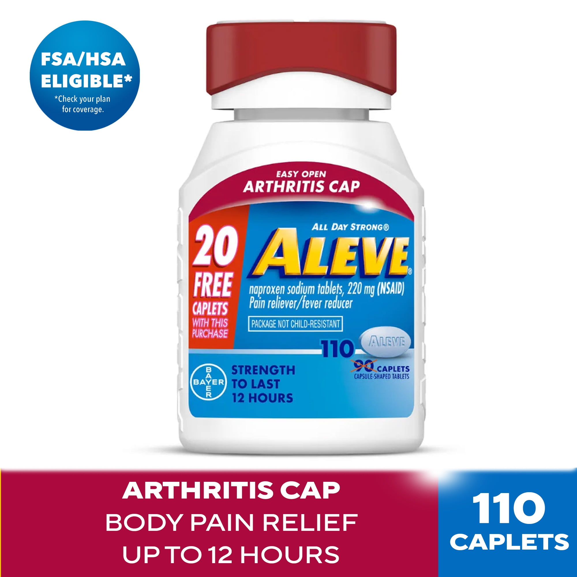 Aleve Pain Reliever & Fever Reducer Naproxen Sodium Caplets  Body Pain Relief  Arthritis Pain Relief  Pain Medicine for Adults and Children Ages 12 and Up  90 Count   20 Count Bonus Pack