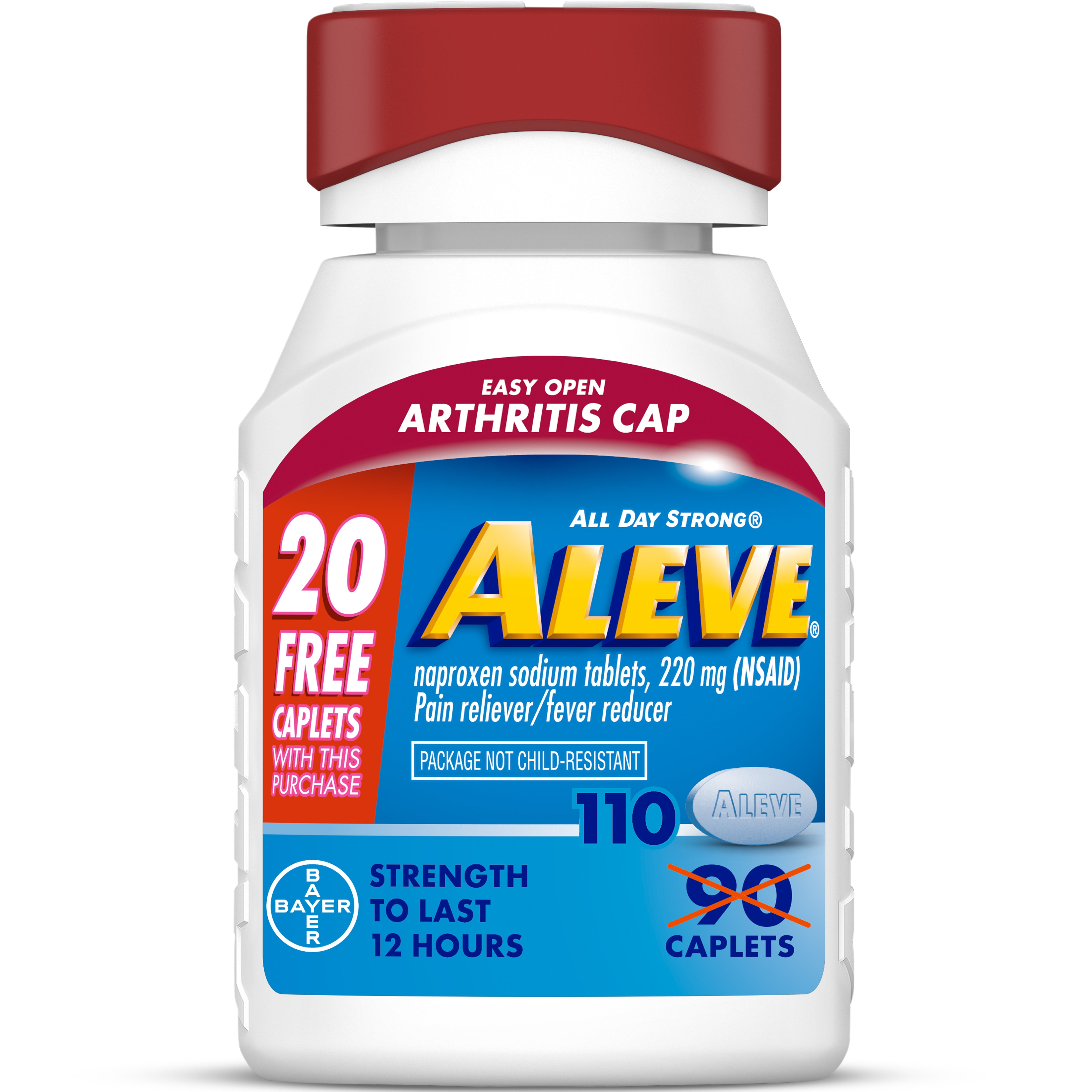 Aleve Pain Reliever & Fever Reducer Naproxen Sodium Caplets  Body Pain Relief  Arthritis Pain Relief  Pain Medicine for Adults and Children Ages 12 and Up  90 Count   20 Count Bonus Pack