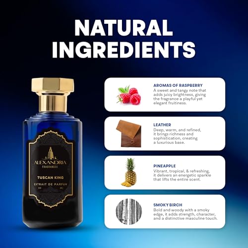 Alexandria Fragrances Tuscan King Perfume   Long Lasting Eau de Parfum for Men & Women   Mens Cologne with Raspberry  Leather  Pineapple & Smoky Birch   Luxury Fragrance Inspired by Elegance   30ml