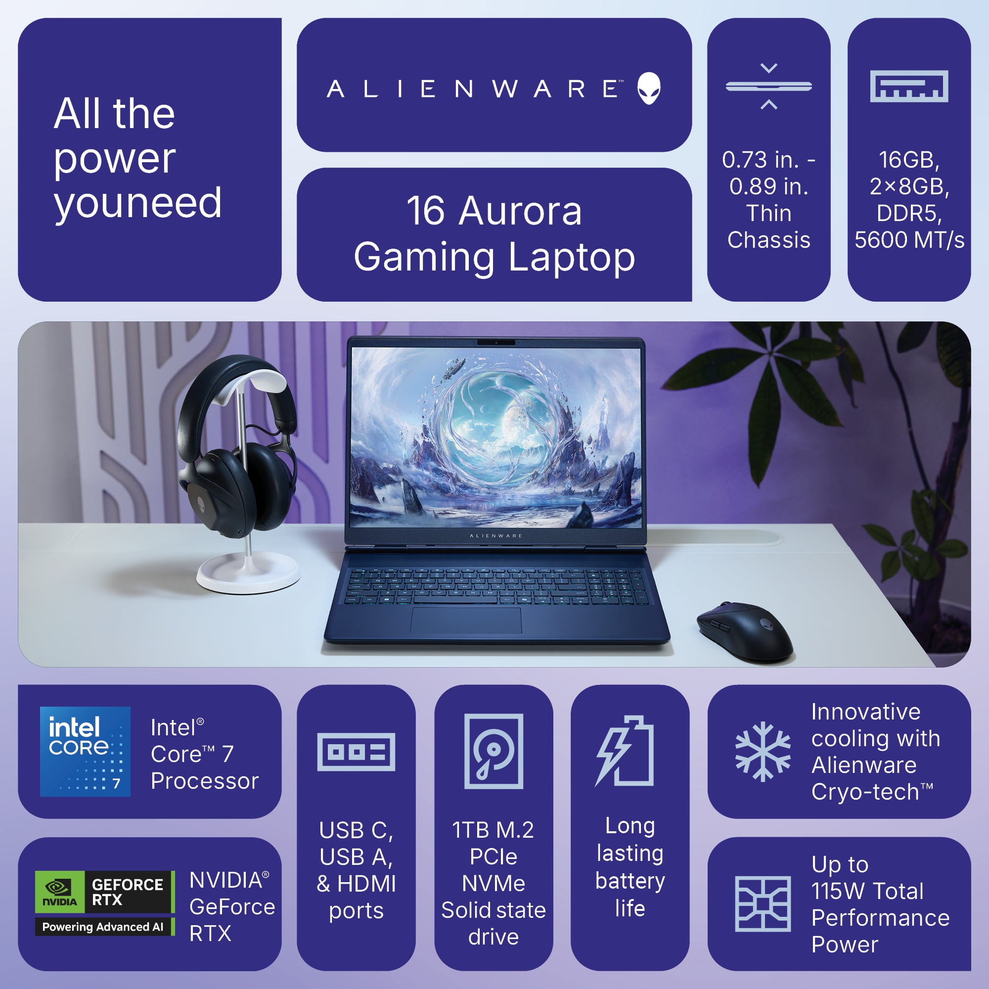 Alienware 16" Aurora Gaming Laptop Intel Core 7 240H  16GB RAM  1TB SSD  NVIDIA GeForce RTX 5050