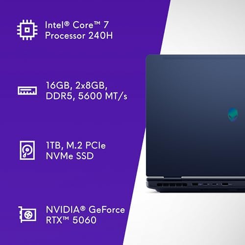 Alienware 16 Aurora Gaming Laptop AC16250-Pantalla WQXGA de 120 Hz de 16 pulgadas, procesador Intel Core 7-240H, RAM DDR5 de 16 GB, SSD de 1 TB, gráficos NVIDIA GeForce RTX 5050 de 8 GB, Windows 11