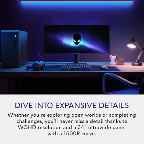 Monitor gaming curvo Alienware de 34 pulgadas – AW3425DWM - Pantalla WQHD de 34 pulgadas 180Hz 1ms, 1500R, AMD FreeSync Premium, VESA AdaptiveSync.