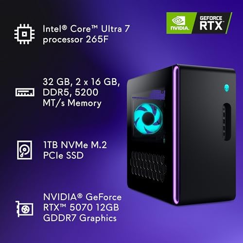 Alienware Aurora Gaming Desktop ACT1250   Intel Core Ultra 7 265F  32GB DDR5 RAM  1TB SSD  NVIDIA GeForce RTX 5070  1000W Platinum Rated PSU  Windows 11 Home  Clear Panel   Black