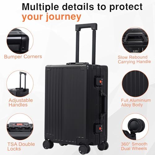 All Aluminum 24 Inch Check In Luggage Hard Shell Suitcases with Spinner Wheels and TSA Lock  Checked Medium Suitcase  Black 