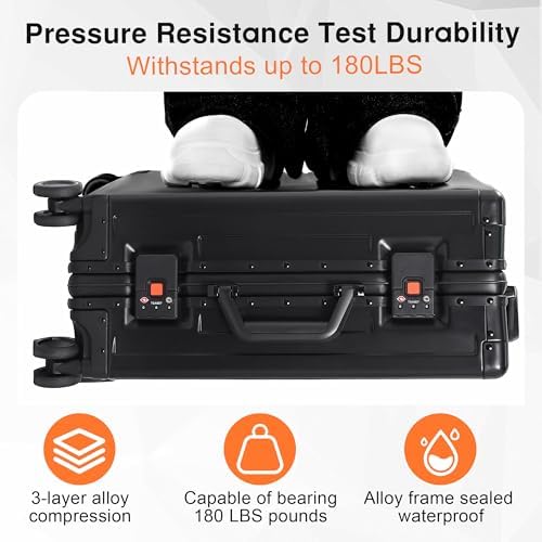 All Aluminum 24 Inch Check In Luggage Hard Shell Suitcases with Spinner Wheels and TSA Lock  Checked Medium Suitcase  Black 