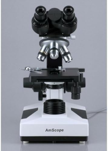 AmScope Microscopio binocular compuesto B490B-LED, oculares WF10x y WF20x, aumento 40X-2000X, Brightfield, iluminación LED, condensador Abbe, etapa mecánica de doble capa, cabezal deslizante, óptica