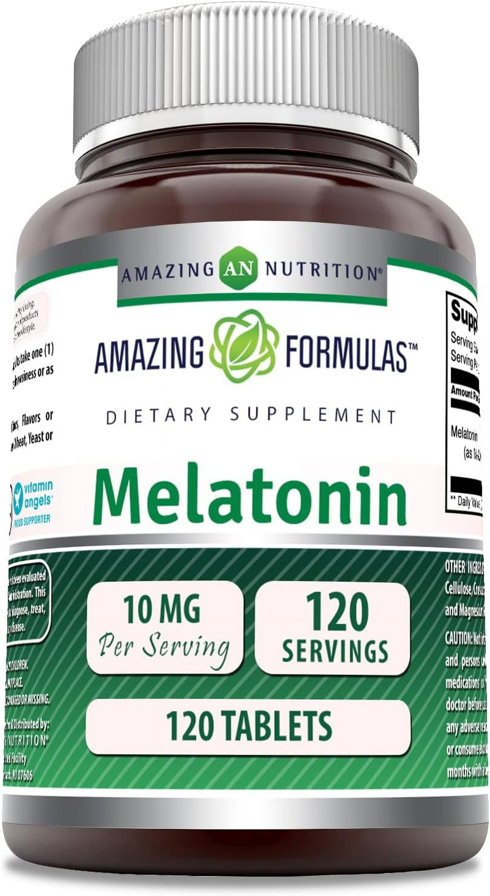 Amazing Nutrition Tabletas de 10 Mg de Melatonina el Mejor Suplemento de Ayuda Natural para Dormir Promueve un Efecto Calmante y Relajante   120 Tabletas por Botella   Adecuadoforvegetarian