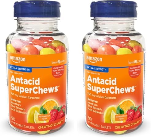 Amazon Basic Care Chewy Bites Chewable Antacid Tablets  Ultra Strength Heartburn Relief  Acid Indigestion  Upset & Sour Stomach  Fast Acting  Assorted Fruit Flavors  90 Count