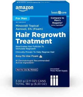 Amazon Basic Care Minoxidil Topical Aerosol  5  Foam Hair Regrowth Treatment for Men  Unscented  3 month Supply  2 11 oz   Pack of 3 