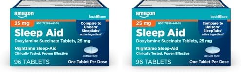 Amazon Basic Care Nighttime Sleep Aid Tablets for Adults  Doxylamine Succinate 25 mg  96 Count  Pack of 2 