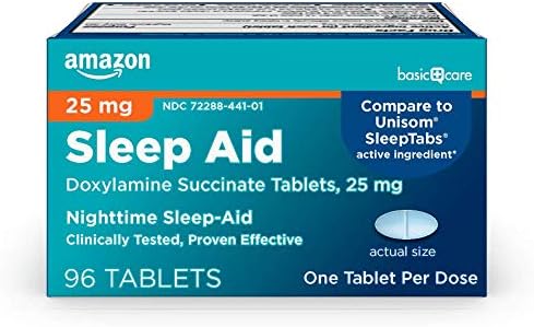 Amazon Basic Care Nighttime Sleep Aid Tablets for Adults  Doxylamine Succinate 25 mg  96 Count  Pack of 2 