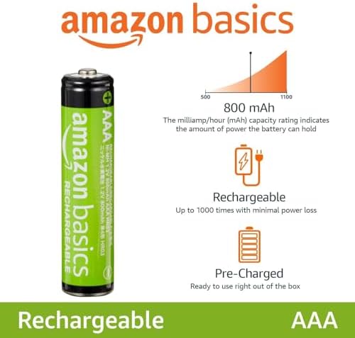 Amazon Basics 12 Pack Rechargeable AAA NiMH Performance Batteries  800 mAh  1 2V  Recharge up to 1000x Times  Pre Charged