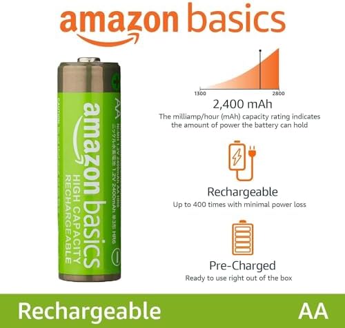 Amazon Basics 24 Pack Rechargeable AA NiMH High Capacity Batteries  2400 mAh  1 2V  Low Self Discharge  Pre Charged  Recharge up to 400x Times