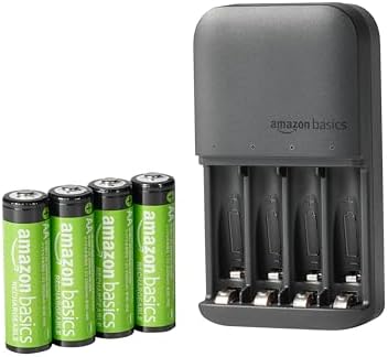 Amazon Basics 4 Bay Battery Charger for AA & AAA Rechargeable Batteries with Pre Charged AA NiMh Batteries  LED Operation  Type A  American  Plug  4 Count  Black
