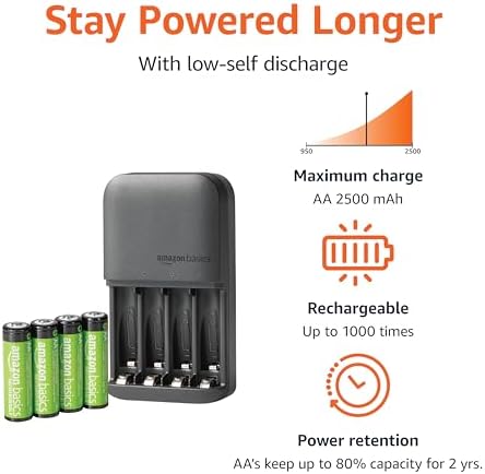 Amazon Basics 4 Bay Battery Charger for AA & AAA Rechargeable Batteries with Pre Charged AA NiMh Batteries  LED Operation  Type A  American  Plug  4 Count  Black