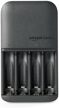 Amazon Basics 4 Bay Battery Charger for AA & AAA Rechargeable Batteries with Pre Charged AA NiMh Batteries  LED Operation  Type A  American  Plug  4 Count  Black