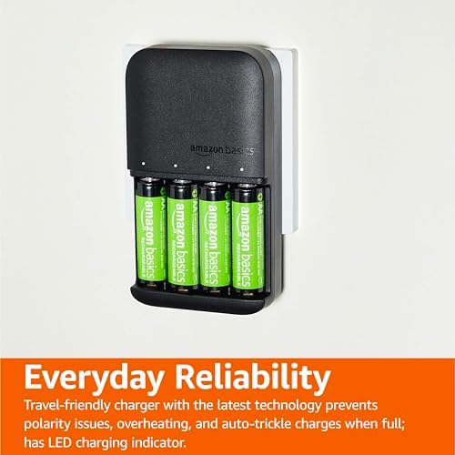Amazon Basics 4 Bay Battery Charger for AA & AAA Rechargeable Batteries with Pre Charged AA NiMh Batteries  LED Operation  Type A  American  Plug  4 Count  Black