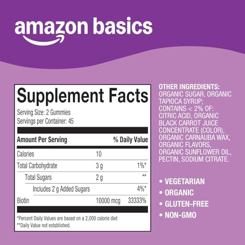Amazon Basics Biotin 10 000mcg Gummy  90 Count