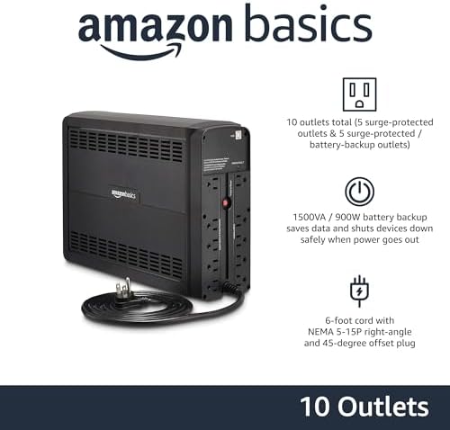 Amazon Basics UPS Battery Backup & Surge Protector  1500VA/900W  10 Outlets  Line Interactive Uninterruptible Power Supply with Sinewave Technology  Black