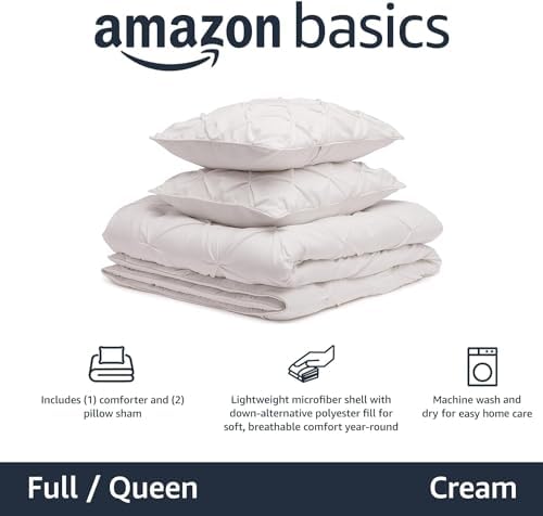 Amazon Basics Warm  Breathable Queen Size Comforter Sets  All Season Down Alternative 3 Piece Bedding Set  Pinch Pleat Design  Full/Queen Size  Cream