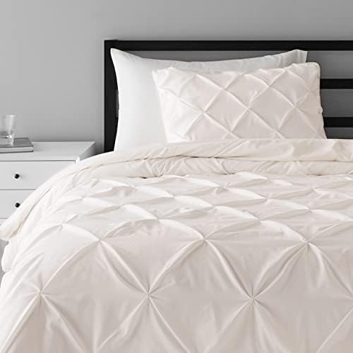 Amazon Basics Warm  Breathable Queen Size Comforter Sets  All Season Down Alternative 3 Piece Bedding Set  Pinch Pleat Design  Full/Queen Size  Cream