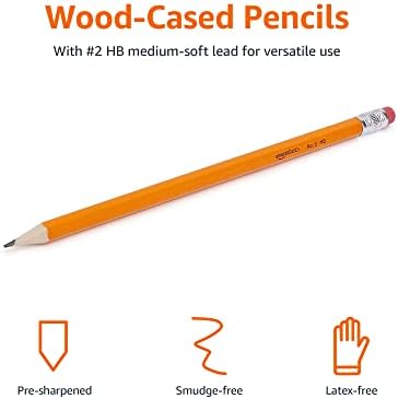 Amazon Basics Woodcased Classroom - 2 lápices con borradores, preafilados, mina HB, paquete económico de 30 unidades, naranja