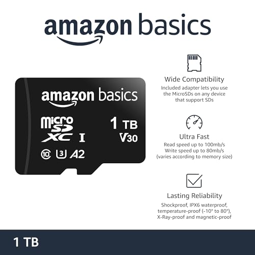 Amazon Basics microSDXC Memory Card with Full Size Adapter  A2  U3  Read Speed up to 100 MB/s  1 Tb  Black