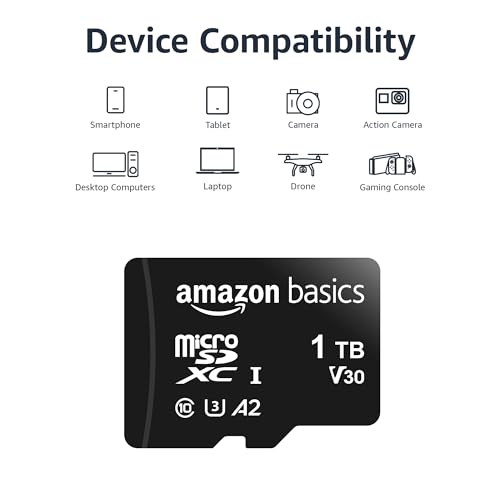 Amazon Basics microSDXC Memory Card with Full Size Adapter  A2  U3  Read Speed up to 100 MB/s  1 Tb  Black