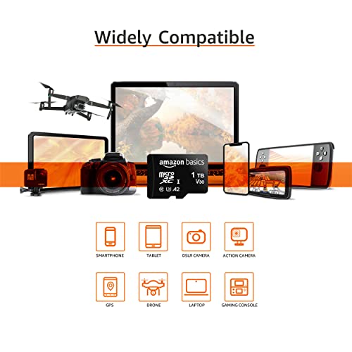 Amazon Basics microSDXC Memory Card with Full Size Adapter  A2  U3  Read Speed up to 100 MB/s  1 Tb  Black