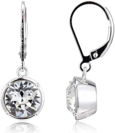 Amazon Collection Sterling Silver Bezel Set Round Crystal Lever Back Dangle Earrings