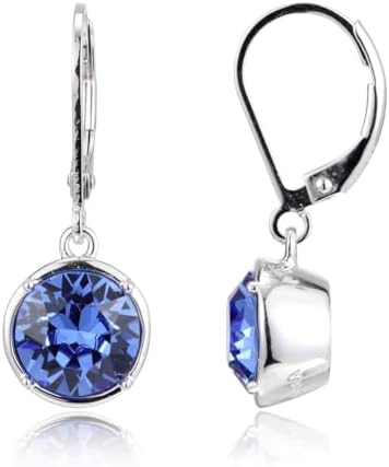 Amazon Collection Sterling Silver Bezel Set Round Crystal Lever Back Dangle Earrings