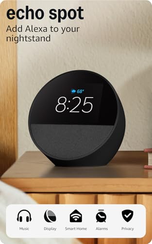 Amazon Echo Spot  Great for nightstands  offices and kitchens  Smart alarm clock with Alexa  Black
