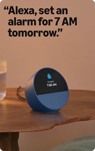 Amazon Echo Spot  newest model   Great for nightstands  offices and kitchens  Smart alarm clock with Alexa  Ocean Blue