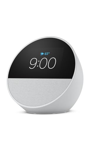 Amazon Echo Spot (modelo más reciente): ideal para mesitas de noche, oficinas y cocinas, incluye despertador inteligente con Alexa (blanco glaciar)