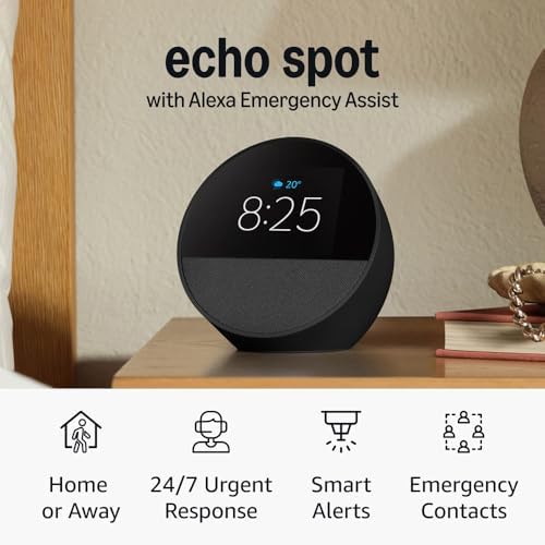 Amazon Echo Spot: ideal para mesitas de noche, oficinas y cocinas, incluye despertador inteligente con Alexa (negro)