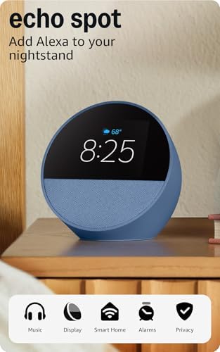 Amazon Echo Spot  newest model   Great for nightstands  offices and kitchens  Smart alarm clock  Designed for Alexa   Ocean Blue