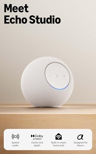Amazon Echo Studio  newest model   compact design  immersive spatial audio and Dolby Atmos  Designed for Alexa   Glacier White