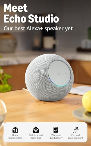 Amazon Echo Studio (modelo más reciente), Audio espacial inmersivo y Dolby Atmos, así como acceso anticipado a Alexa+, blanco glacial