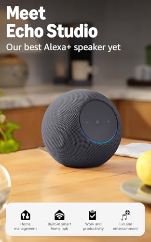Amazon Echo Studio (modelo más reciente), Audio espacial inmersivo y Dolby Atmos, así como acceso anticipado a Alexa+, blanco glacial