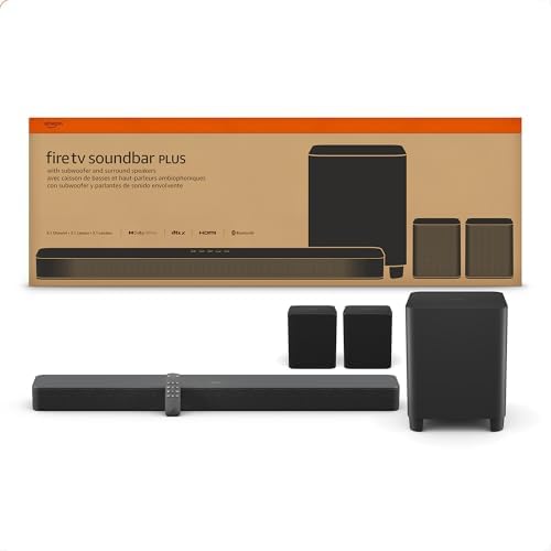Amazon Fire TV Soundbar Plus with subwoofer and surround sound speakers  newest model   5 1 channel  Dolby Atmos  clear dialogue