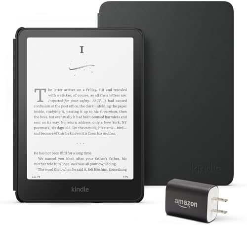 Amazon Kindle Paperwhite Bundle  Includes  Amazon Kindle Paperwhite 16GB   Plant Based Leather Cover   Black  & Power Adapter