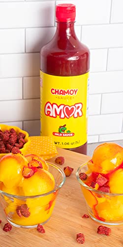 Amor Chamoy Sauce   Bittersweet flavor   2 500 Scoville level Enjoy it with fruits  veggies  snacks  and drinks   Kosher   33 fl oz bottle  Pack of 4 
