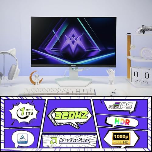 Amzfast 25 Inch White Gaming Monitor 320Hz/300Hz/240Hz  FHD 1080P 1ms Fast IPS Monitor  12 Months Warranty Exchange  HDMI & DP Dual Cable  T V Rheinland Eye Care   AI Crosshair  Night Vision Function