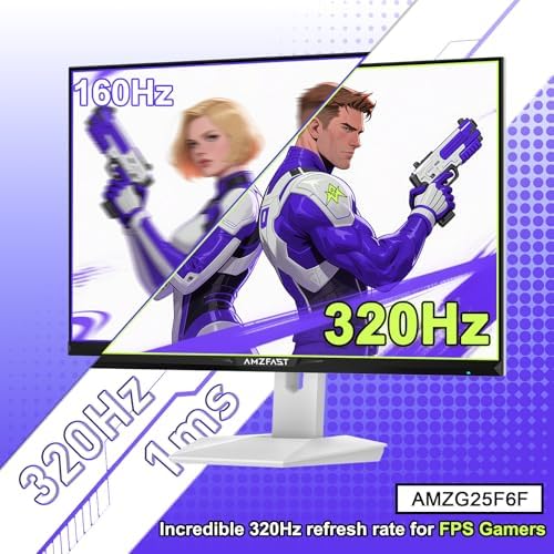 Amzfast 25 Inch White Gaming Monitor 320Hz/300Hz/240Hz  FHD 1080P 1ms Fast IPS Monitor  12 Months Warranty Exchange  HDMI & DP Dual Cable  T V Rheinland Eye Care   AI Crosshair  Night Vision Function