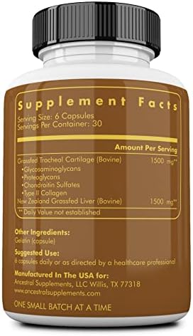 Ancestral Supplements Grass Fed Beef Tracheal Cartilage Supplement with Liver  3000mg  Immune Health and Joint Support Supplement Promotes Healing  Non GMO  180 Capsules