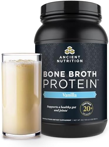 Ancient Nutrition Grass Fed  Bone Broth Protein Powder  20g Protein  Hydrolyzed Collagen Peptides  Keto & Paleo Friendly  Supports Joint  Gut Health  Vanilla  40 Servings