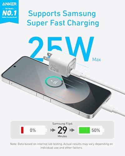 Anker 25W USB C Charger Block  Compact and Foldable  Supports PPS Fast Charging for Galaxy S24/Z Fold/Z Flip/Tab  iPhone  iPad  White  1pack with Cable