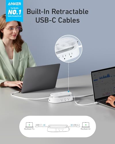 Anker 647 Charging Station  100W   10 in 1 Power Strip with 6 AC  1 USB A  1 USB C  2 Retractable USB C Cables  3ft   5ft Extension Cord Power Delivery for Conference Rooms  Desktop Accessory