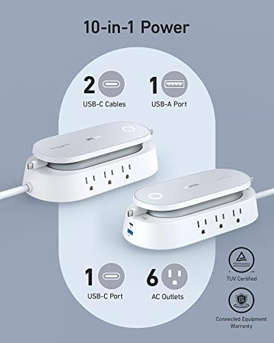 Anker 647 Charging Station  100W   10 in 1 Power Strip with 6 AC  1 USB A  1 USB C  2 Retractable USB C Cables  3ft   5ft Extension Cord Power Delivery for Conference Rooms  Desktop Accessory